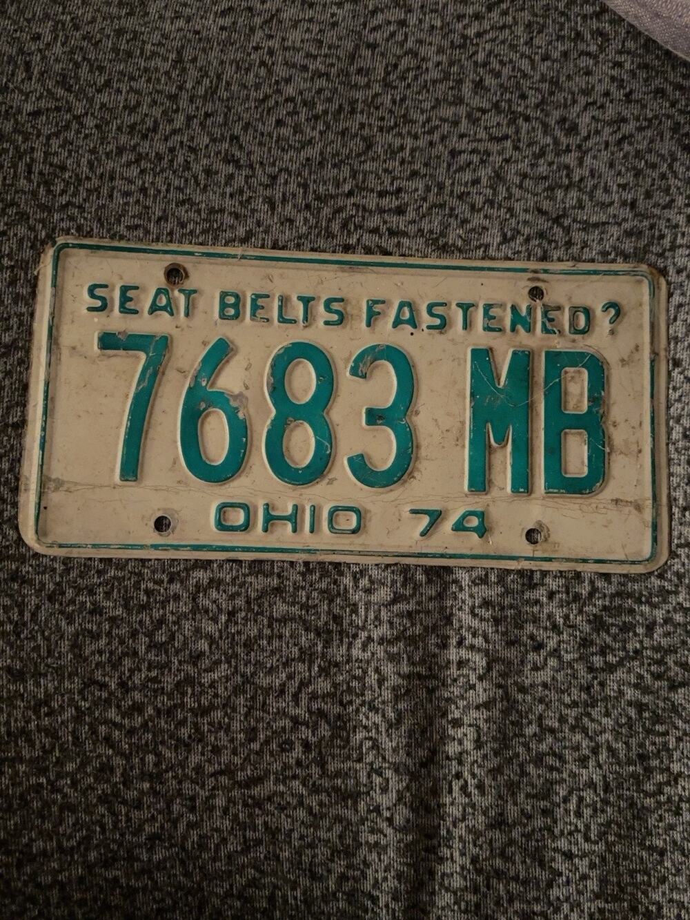 Vintage 1974 Ohio License Plate 7683 MB Seat Belts Fastened Green White